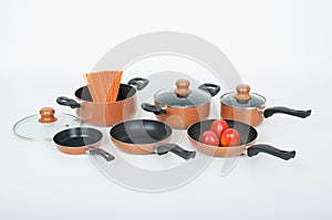 Set of cooking pots on white background