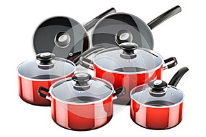 Set of cooking red kitchen utensils and cookware. Pots and pans, 3D rendering
