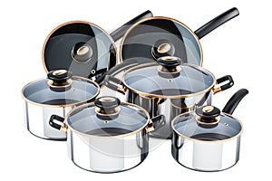 Set of cooking stainless steel kitchen utensils and cookware. Po
