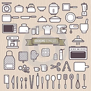 Set of cooking tools and kitchen simple line flat design icons set vector