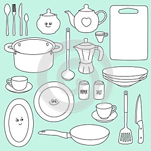 Set of cookware and kitchen accessories. Hand drawn dishes in funny cartoon style. Doodles. Vector illustration