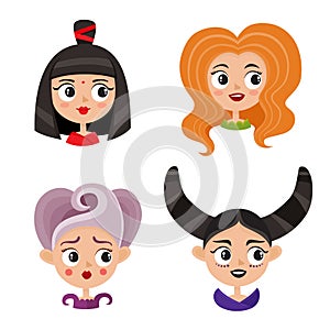 Set of cool female avatars. Portrait of glamorous woman with avant-garde hairstyle in cartoon style.