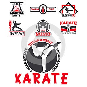 Set of cool fighting club emblems labels fight badges punch sport fist karate vector illustration.