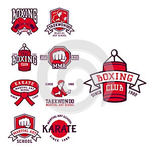 Set of cool fighting club emblems martial training champion graphic style punch sport fist karate vector illustration.