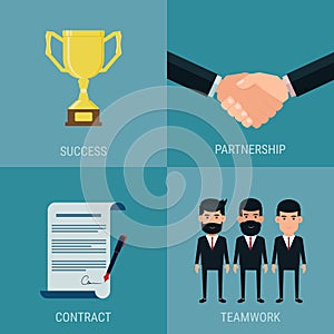 Set of cooperate business success concept. Trophy ,handshake, contract, teamwork.