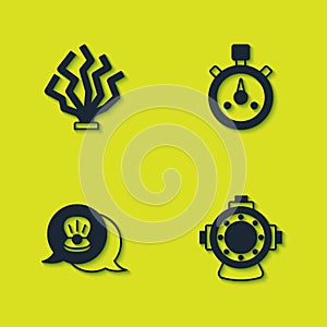 Set Coral, Aqualung, Scallop sea shell and Stopwatch icon. Vector