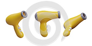 Set of cordless yellow hair dryers with buttons. Electric device for drying hair
