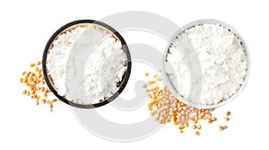 Set with corn starch and kernels on white background