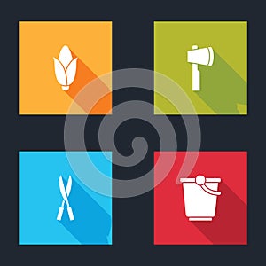 Set Corn, Wooden axe, Gardening handmade scissors and Bucket icon. Vector