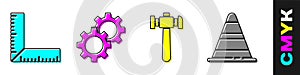 Set Corner ruler, Gear, Hammer and Traffic cone icon. Vector