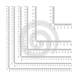 Set of corner ruler templates with centimeters and millimeters markup and numbers. Measuring tool with 5, 10, 15, 20, 25