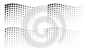Set of corner wavy gradient halftone dots backgrounds. Horizontal halftone wave pattern. Flag. Logo element. Vector