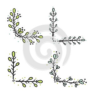 A set of corners for page decoration. Design elements in doodle style. Natural style, branches, plants. Black outline with colored