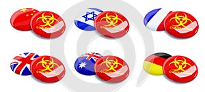 Set Coronavirus China , Australia, China, England, France, Germany, Israel on a white background 3D illustration
