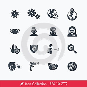 Set of Coronavirus COVID-19 Prevention Related Icons / Vectors