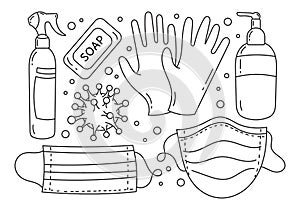 A set of coronavirus icon elements. Thermometer,medical mask,hand washing,antibacterial gel,antiseptics