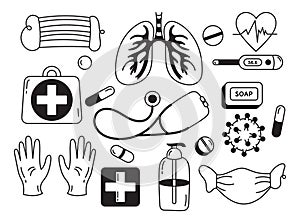 A set of coronavirus icon elements. Thermometer,medical mask,hand washing,antibacterial gel,antiseptics