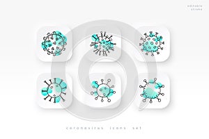 A set of coronavirus icons. The cell of Covid-19