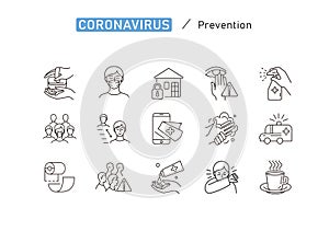 Set of Coronavirus Protection. Prevention of New epidemic 2019-nCoV icon set for infographic or website. Safety, health