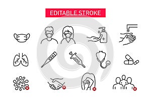 Set of Coronavirus Safety Related Vector Line Icons. Icons as Washing Hands, People Wearing Face Mask, sanitizer and more. Editabl