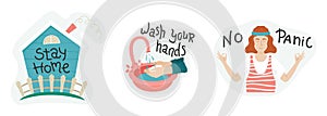 The set of coronavirys stickers. Wash your hands, stay home, no panic. Prevention Covid-19