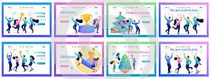 Set of corporate landing pages. Isometric 3D and 2D illustrations. Employees celebrate the victory, have fun for the new