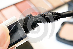 Set Of Cosmetic Makeup Products. Nail polish, mascara, lipstick, eye shadows, brush, powder, lip gloss