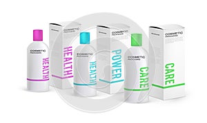 Set of cosmetic packaging design templates. Cardboard tall pack and shampoo bottle. Lotion mockup bottle