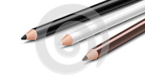 Set of cosmetic pencil, for brows, eyes or lips. Eyeliner for makeup, isolated on white background. Black and brown eyeliners.