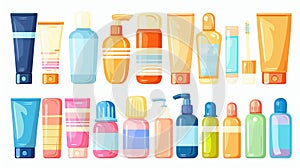 Set of cosmetic product bottles isolated on white background. plastic jar, tube, dispenser and pipette bottle, body skin