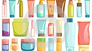 Set of cosmetic product bottles isolated on white background. plastic jar, tube, dispenser and pipette bottle, body skin