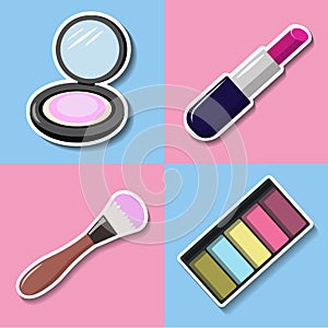 Set of cosmetic products on a bright checkered background. Vector illustration.