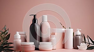 Set of cosmetic products on a color background. Cosmetic package collection for cream, soups, foams, shampoo.Natural beauty blank