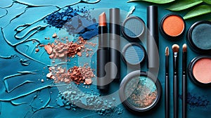 Set of cosmetic products on dark blue background