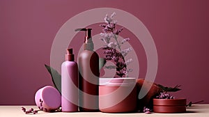 Set of cosmetic products with lavender flowers. Hair care products. 3d illustration