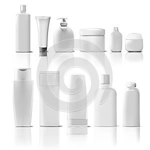 Set Of Cosmetic Products Package. Collection Of Cream, Soup, Foams, Shampoo