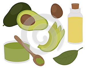 Set of cosmetics from avocado. Oil Bottle Cream Fruit Vegetable Leaves