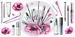 A set of cosmetics, brushes for eyelashes and eyebrows, gels, creams and serums with pink anemone flowers. Hand drawn
