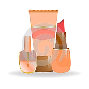 Set of cosmetics in cartoon style. Nail polish, lipstick and a tube. Decorative cosmetics for girls and women. Personal care