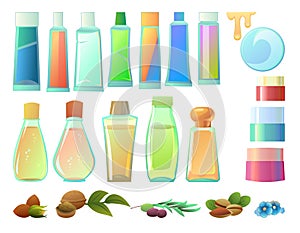 Set Cosmetics creams and natural oils objects. Liquids for skin and hair care. Tinctures and medicinal useful