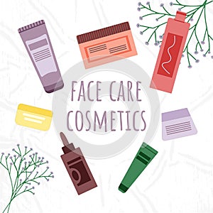 A set of cosmetics and face care products.