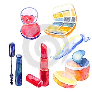 Set of cosmetics for the face of women and girls. watercolor illustration