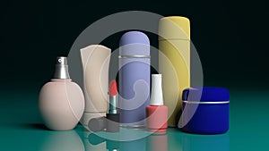 Set of cosmetics products on green blue table. 3d illustration