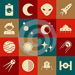 Set Cosmic ship, Satellite, UFO flying spaceship, Alien, Solar system, Astronaut, Planet and Moon and stars icon. Vector