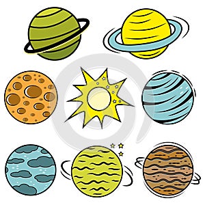 A set of cosmic vectors - comet, planet, moon, sun, star. Vector illustration in cartoon style.