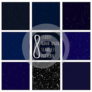 Set of cosmos and space hand draw vector seamless background with sketched stars and dots. Collection of deep dark space