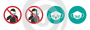 Set of coughing man and woman prohibit icons and medical mask icons