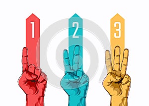 Set of counting one two three hand sign.