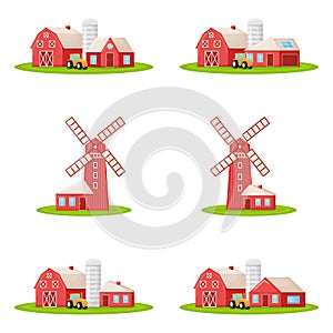 Set of country house with red mill, farm barn and granary building on green farm field plot cartoon vector illustration, isolated