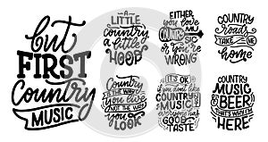 Set with Country Music lettering quotes for festival live event poster Concept. Textured Illustration. Funny slogans for cowboy